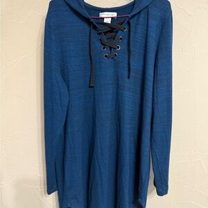 Christopher & Banks Blue & Black Heather Sweater Lace-Up Hoodie Tunic Sz M